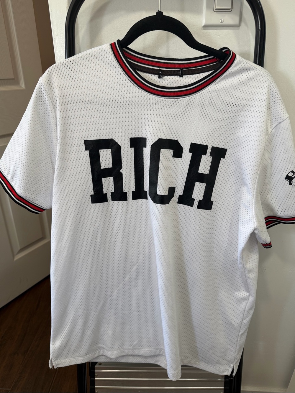 White RICH Short-Sleeve Mesh Jersey with Black & Red Trim
